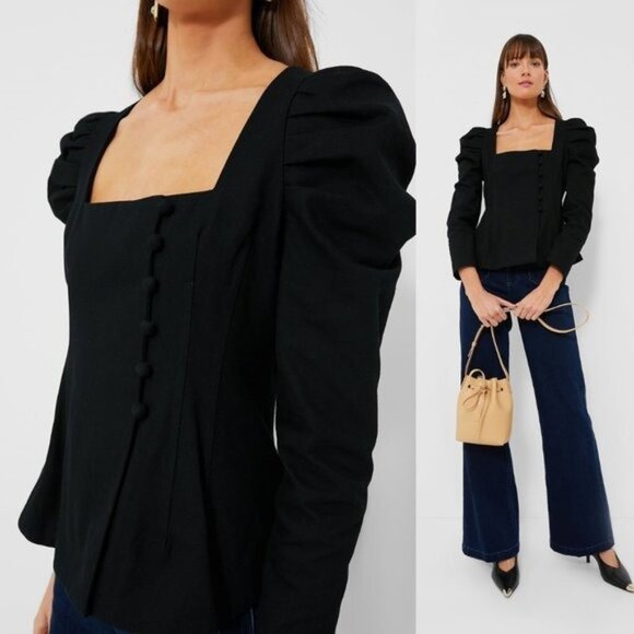 Tuckernuck NEW Black Calla Structured Puff Sleeve Button Blouse Size Small - Picture 1 of 9